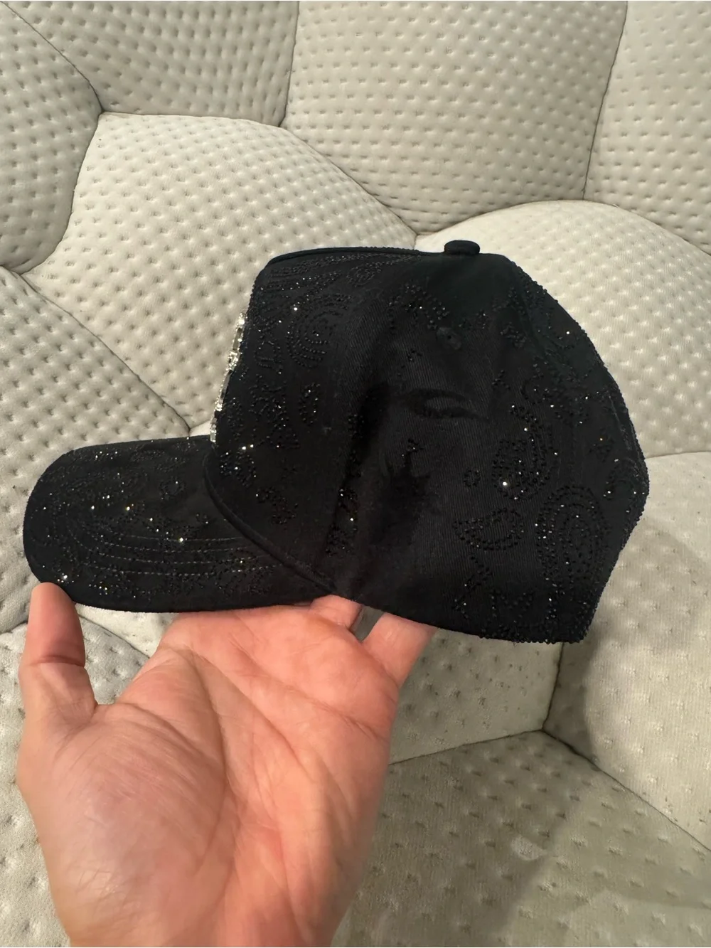 Black Rhinestones Embellished Baseball Cap with Crystal Monogram Accent